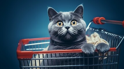 Illustration of a curious cat sitting inside a shopping cart