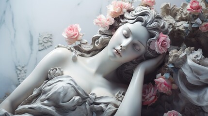 Illustration of a beautiful sculpture of a woman adorned with flowers in her hair