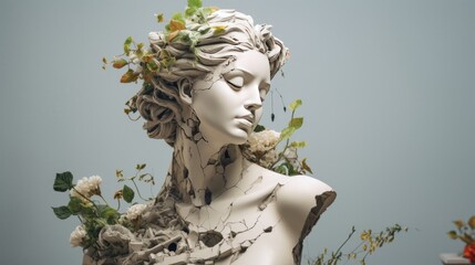 Illustration of a damaged statue of a woman with a broken face surrounded by plants
