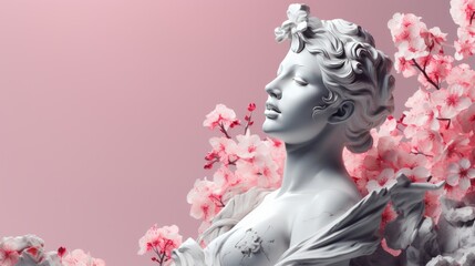 Naklejka premium Illustration of a beautiful statue of a woman adorned with vibrant pink flowers