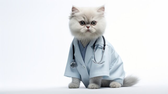 Illustration of a stylish white cat doctor wearing a medical gown with a stethoscope