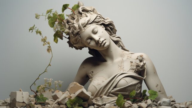 Illustration of a damaged statue of a woman surrounded by rocks and ivy