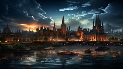 Fototapeta premium beautiful landscape with a river and a old town