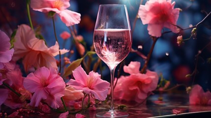 Illustration of a glass of wine with pink flowers on a table - obrazy, fototapety, plakaty
