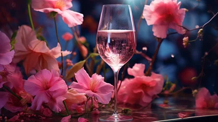 Fotobehang Illustration of a glass of wine with pink flowers on a table © NK