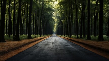 Obraz premium Illustration of an empty road surrounded by lush green trees in a serene forest setting