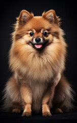 Obraz premium Full body front view studio portrait beautiful fluffy red german spitz sitting and looking in camera isolated on black background. 