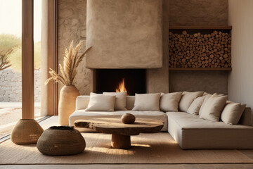 Eco hotel interior with sofa and fireplace for creating serene and relaxing ambiance, close to the natural beauty. 