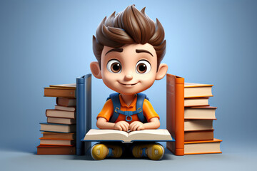 3D funny cartoon character of a young boy reading school books and learning at school time Generative AI Illustration