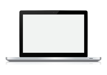 Laptop with blank screen isolated on white background.  Realistic open laptop with white aluminium body. Modern glossy laptop. Vector illustration.