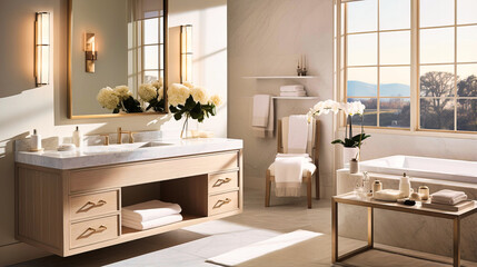 White, lustrous bathroom vanities paired with wooden framed mirrors,