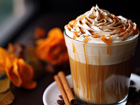 Still life of Delicious pumpkin spice latte cappuccino coffee with whipped cream and caramel in mug.