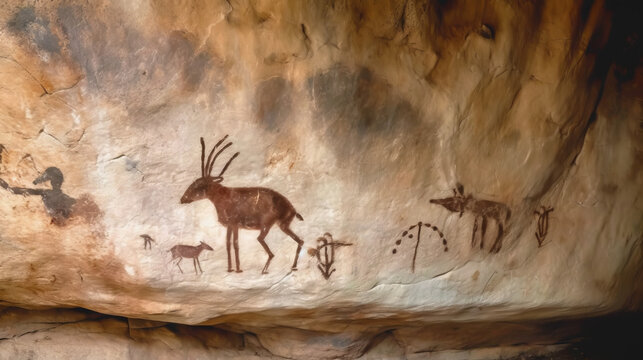 Cave painting - cave art - cave - prehistory - caveman - Created with Generative AI technology.