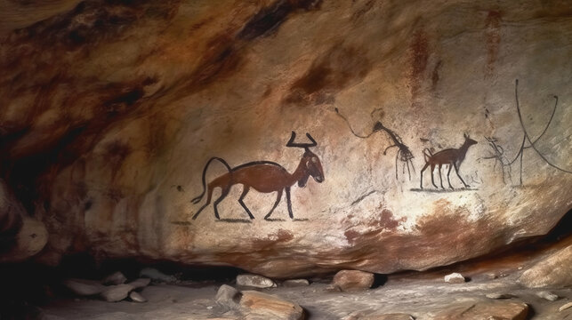 Cave painting - cave art - cave - prehistory - caveman - Created with Generative AI technology.