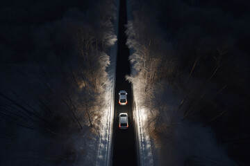 Top down view of a two car driving into the night winter forest. mystical picture of lost travellers. Generative AI