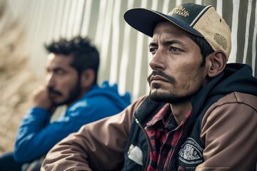 Obraz premium Borders of Hope: A Glimpse into the Struggles and Resilience of Migrants at the Wall, ai generative