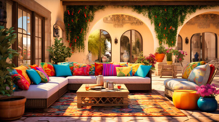 Outdoor patios with multicolored, patterned cushions - obrazy, fototapety, plakaty