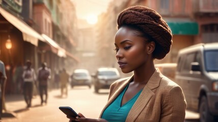 African woman reads good news from a smartphone screen while standing on the street