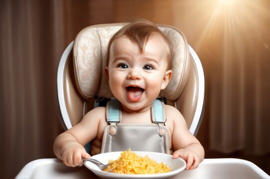 Cheerful baby child eats food itself with spoon. Portrait of happy kid boy in high chair