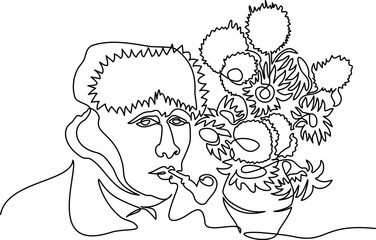 Portrait of Vincent van Gogh with sunflowers. Continuous one line