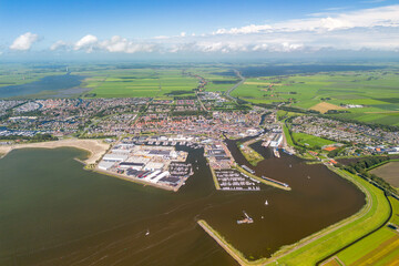 Aerial image of the city of Lemmer, Friesland, The Netherlands. With the harbour, marina and old...