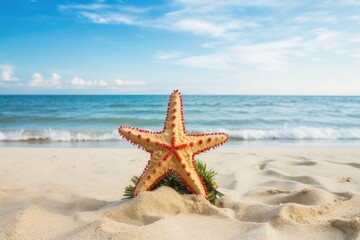 Fototapeta na wymiar Christmas tree with starfish on a sandy beach