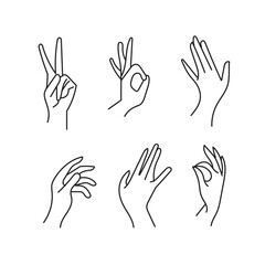 Fototapeta premium Hands poses. Female hand holding and pointing gestures, fingers crossed, fist, peace and thumb up. Cartoon human palms and wrist vector set. Communication or talking with emoji for messengers