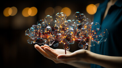 human hand holding glowing cube with sparkling lines.