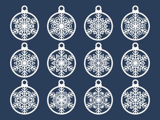 Set of laser cut Christmas balls with snowflake cutout of paper Sample Template for Christmas card, invitation for Christmas party For laser or plotter cutting printing serigraphy