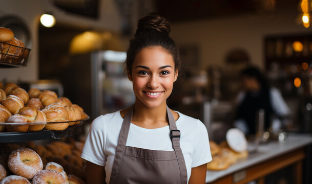 Young mixed-race heritage woman baker in her favourite apron standing in her bakery surrounded by fresh baked buns.