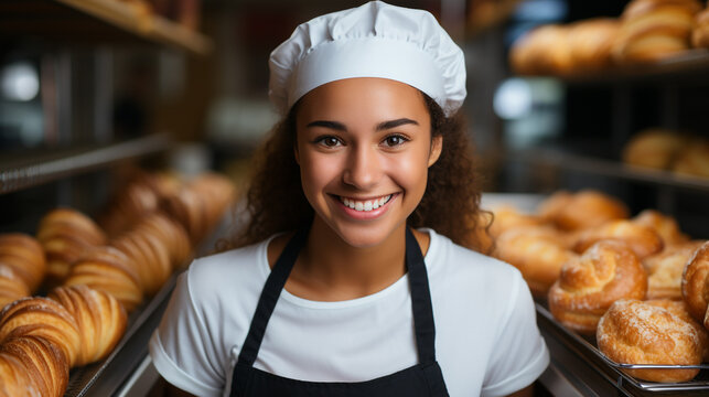 A hispanic girl apprentice in white baker hat and apron standing in a middle of the bakery, surrounded by fresh baked sweet buns. 