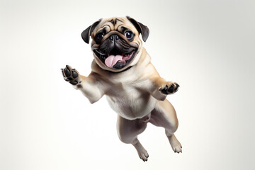 Pug dog jumping on a white background
