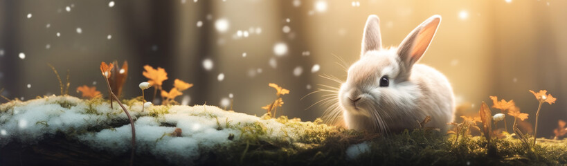 Cute little rabbit in snowy forest on winter day. Happy easter concept. panoramic banner