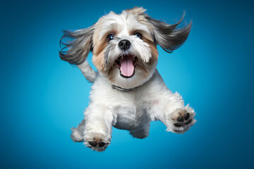 Shih-tzu dog jumping on a blue background