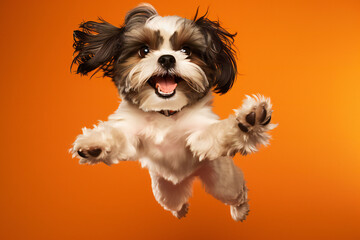 Shih-tzu dog jumping on a orange background