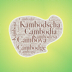 Cambodia shape formed by country name in multiple languages. Cambodia border on stylish striped gradient background. Vibrant poster. Appealing vector illustration.