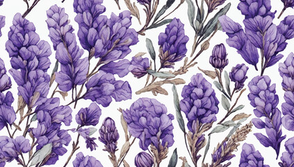 Lavender pressed dried flowers. Seamless pattern with Lavender floral plants. Seamless stylized watercolor flower pattern