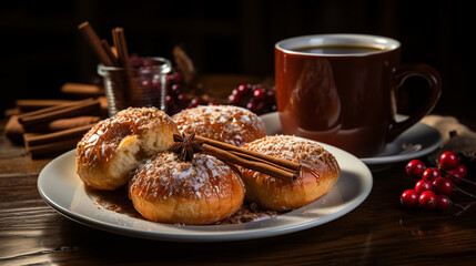 sweet donuts with sugar and coffee