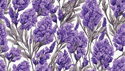 Lavender pressed dried flowers. Seamless pattern with Lavender floral plants. Seamless stylized watercolor flower pattern