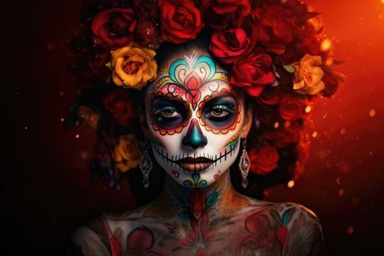 Dia de los muertos, Mexican holiday of the dead and halloween. Woman with sugar skull make up and flowers.