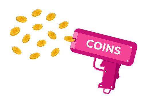 Pink super gun with gold coins. Money gun cash cannon for parties and fun. Cartoon vector illustration.