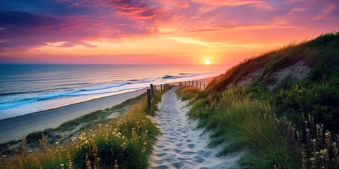 Photo sur Plexiglas Descente vers la plage Path at Atlantic Ocean over sand dunes with ocean view at sunset. Generative A