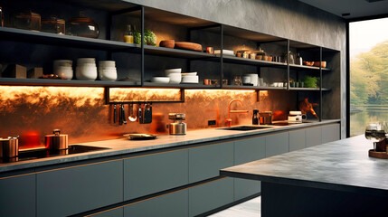 Open shelf kitchen with matte finishes,