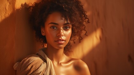 A vivacious lady with a sun - kissed complexion leans gently against a terracotta wall. Her deep brown eyes glint with mischief 