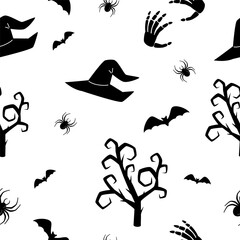 Fototapeta premium Halloween seamless pattern with spider, halloween hat, tree, bat. Vector illustration.