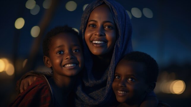 Somali mother embracing her sons with a wide, joyful smile.