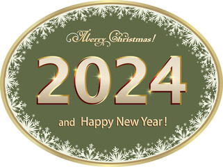    Happy New Year 2024 celebration. Christmas background in golden oval with snowflakes for festive design of card, banner, icon, cover