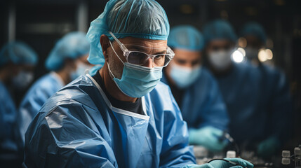 close up of male surgeon in protective clothing performing operation in operating room. healthcare and medical concept