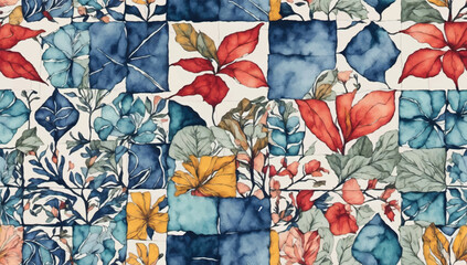 Modern Beautiful seamless pattern in patchwork style with contemporary hand drawn watercolor different tiles