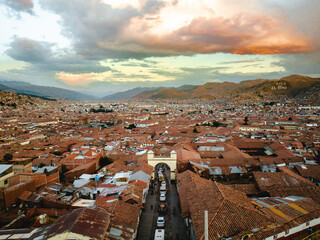 aerial photo with drone of the city of Cusco in Peru